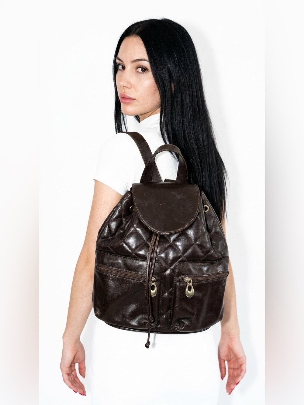 SIMARD Quilted Leather Backpack Brown Small Drawstring Flap Bag Women's